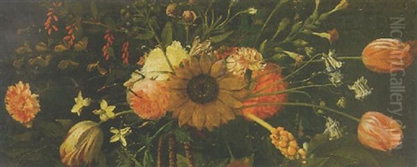 Still Life Of A Sunflower, Tulips, Roses, A Carnation And Other Flowers - view 1