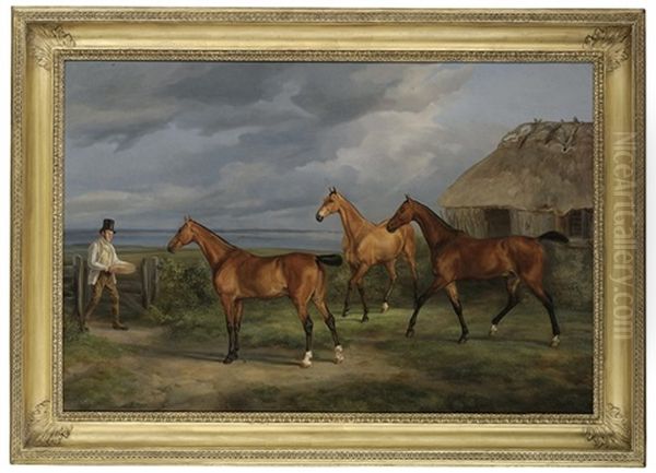 Three Hunters And A Groom In A Landscape, An Estuary Beyond - view 1