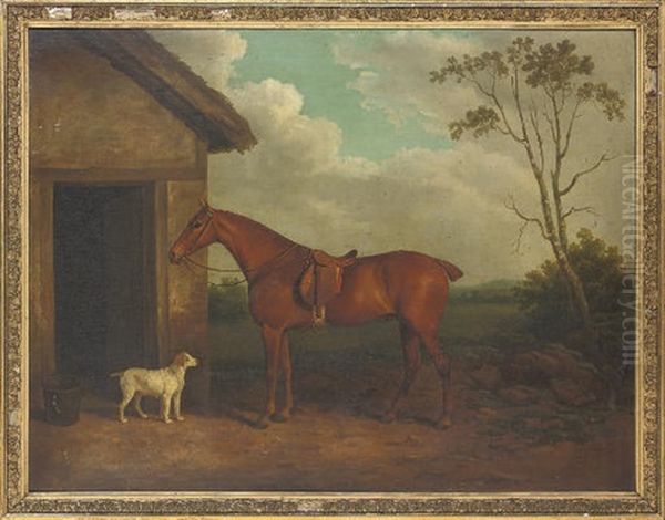 A Chestnut Hunter And Hound Outside A Stable - view 1