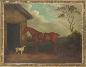 A Chestnut Hunter And Hound Outside A Stable by James Barenger the Elder