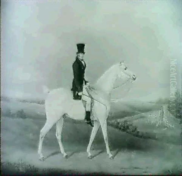 Portrait Of George Sainsbury, Esq., On A Grey Hunter, In A Landscape, A Hunt Beyond by James Barenger the Elder