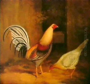 A Cockerel And Hen In A Yard