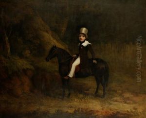 A Study Of A Young Boy Wearing A Top Hat Seated On His Pony by James Barenger the Younger
