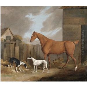 A Chestnut Hunter With Two Greyhounds In A Stable Yard