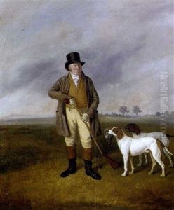 A Gentleman, Partridge Shooting With Two Pointers In A Landscape