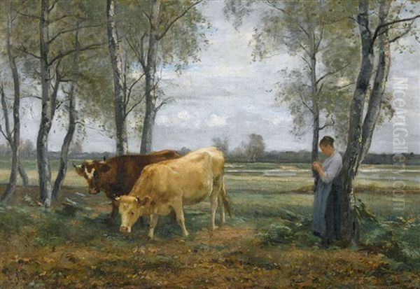 Strickende Bauerin Mit Zwei Kuhen - view 1