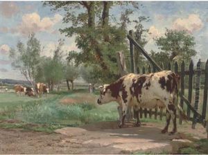 Cows Grazing In A Watermeadow by Leon Barillot