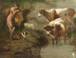Drover With Cattle Watering On The Banks Of A Woodland Stream by Benjamin Barker