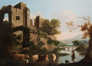 Drover With Cattle By A Ruin With A River, Bridge And Woodland In The Distance