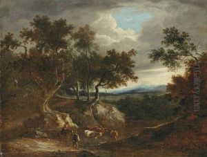 An Extensive Wooded Landscape With Herdsmen And Cattle