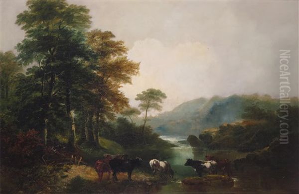 Cattle Watering In A River Landscape - view 1
