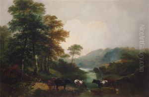 Cattle Watering In A River Landscape