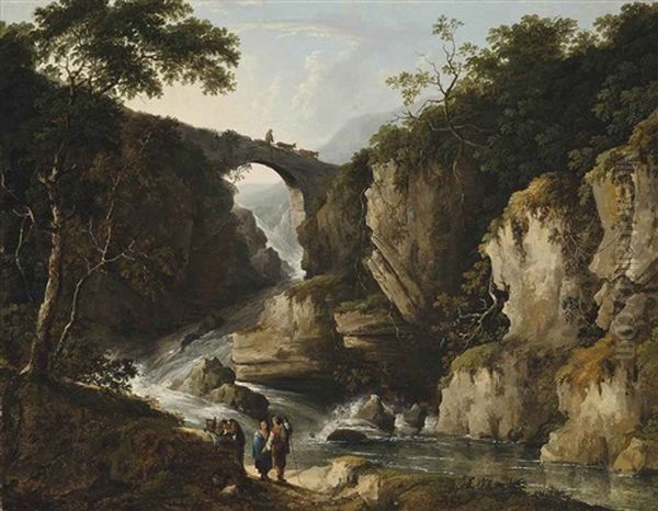 A Wooded Landscape With Figures On A Track, A Bridge Beyond - view 1