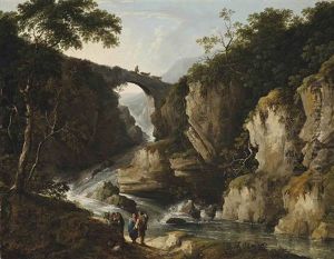 A Wooded Landscape With Figures On A Track, A Bridge Beyond by Benjamin Barker