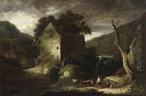 A Wooded River Landscape With Drovers And Their Cattle By A Watermill by Benjamin Barker
