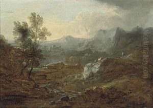 A Mountainous River Landscape With A Shepherd And His Flock, A Fortified Town Beyond