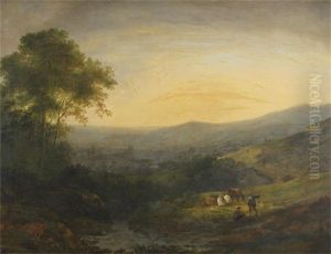 Rustics In An Extensive Landscape With A Distant Town, Possibly Bath by Benjamin Barker