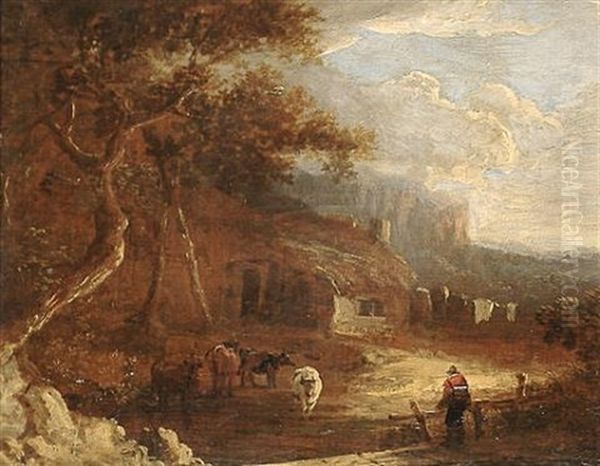 Cattle Before A Cottage, A View To A Distant Landscape Beyond - view 1