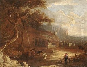 Cattle Before A Cottage, A View To A Distant Landscape Beyond by Benjamin Barker