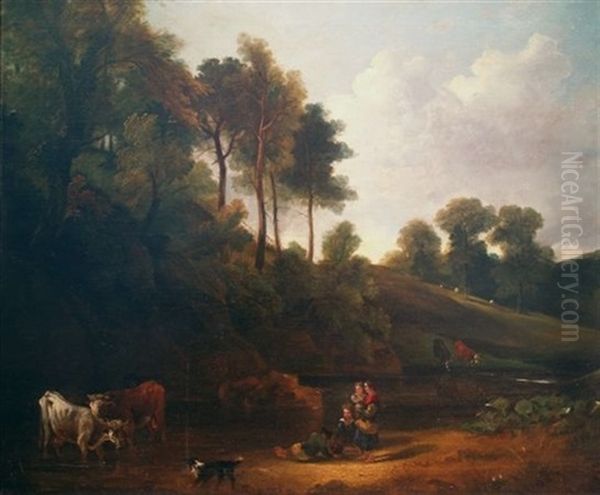 Country Children Watching Cattle Drinking At A Stream - view 1