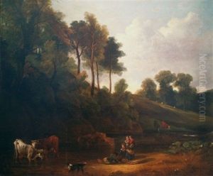 Country Children Watching Cattle Drinking At A Stream by Benjamin Barker