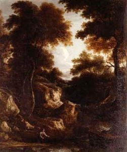 A Fisherman At A Pool In A Rocky Wooded Landscape by Benjamin Barker
