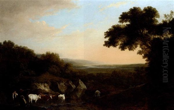 An Extensive Wooded Landscape, With Cattle And Figures In The Foreground And The Coast Beyond - view 1