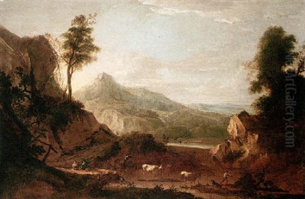 A Mountainous Landscape With Rustics In The Foreground - view 1