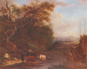 A Wooded Landscape With A Cowherd Watering His Livestock And Conversing With A Traveller by Benjamin Barker