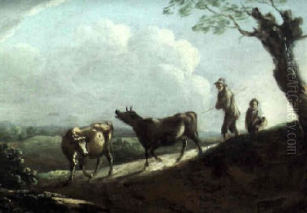 Shepherds With Cattle On A Country Lane - view 1