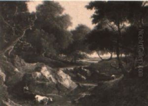 Angler, Cattle And Drover In A Wooded River Landscape by Benjamin Barker