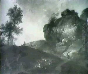 A Rocky Landscape With Cattle And Drovers By A Track