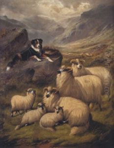 A Sheepdog And Flock In The Highlands by John Barker