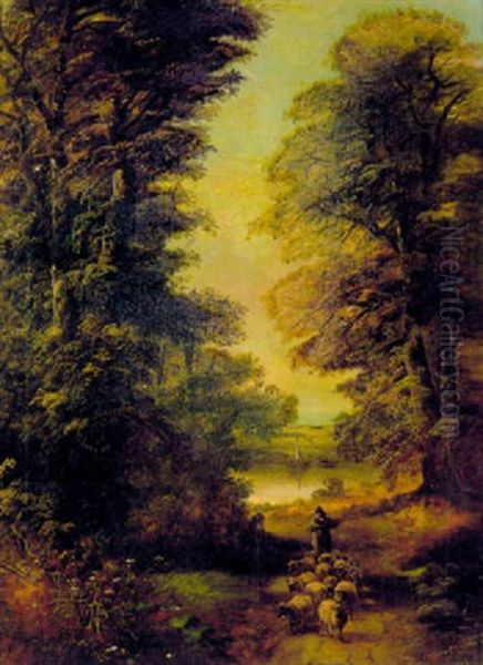 A Shepherd Herding His Sheep On A Wooded Pathway - view 1