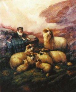 Flock Of Ram With Dog Keeping Watch Flock Of Ram With Dog Keeping Watch