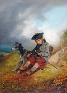 Highland Boy Sitting And Whittling A Stick,  Deerhound At His Sid