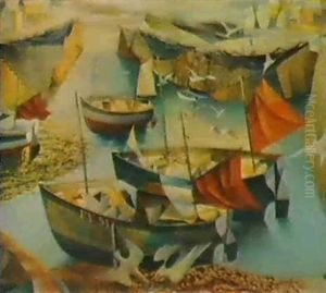 Fishing Boats In The Harbour, Low Tide, Fowery by John Edward Barker