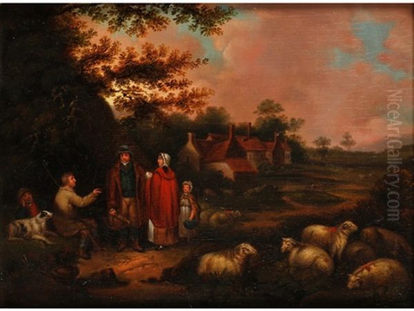 A Shepherd Conversing With A Family Whilst His Sheep Rest By The Side Of The Road, With Buildings Beyond by John Joseph (of Bath) Barker