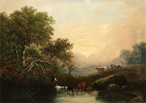 Wooded River Landscape With Cattle Watering (+ Another; Pair) - view 1