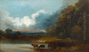 River Landscape With Cattle Watering (+ Another, Similar; Pair) by John Joseph (of Bath) Barker