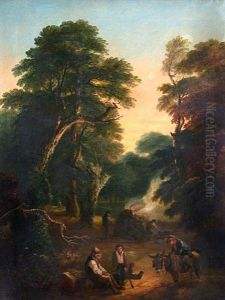 Charcoal Burners In A Woodland Clearing by John Joseph (of Bath) Barker