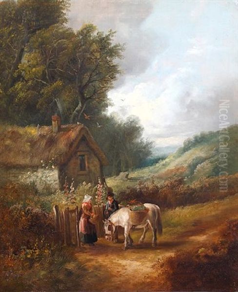 Figures And Horse Before A Country Cottage (+ Figures On A Woodland Path; Pair) - view 1