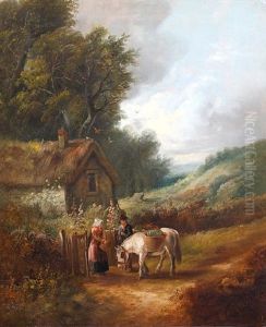 Figures And Horse Before A Country Cottage (+ Figures On A Woodland Path; Pair) by John Joseph (of Bath) Barker
