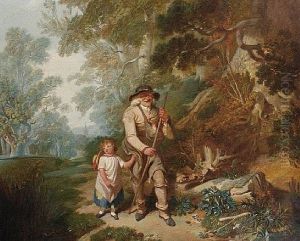 An Elderly Man With A Young Boy On A Wooded Path by John Joseph (of Bath) Barker