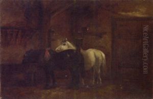 Horses In A Stable Interior Horses In A Stable Interior