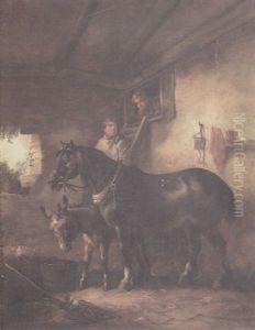 A Stable Interior With A Horse And A Donkey With Two Stable Boys Behind by John Joseph (of Bath) Barker