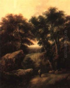Wooded Landscape With A Shepherd On A Path by John Joseph (of Bath) Barker
