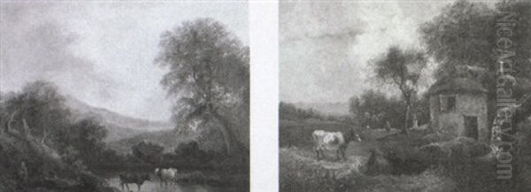 Peasant Woman And Cattle Watering In Wooded River Landscape - view 1