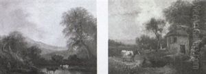 Peasant Woman And Cattle Watering In Wooded River Landscape by John Joseph (of Bath) Barker