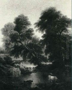 Cows Watering In A Wooded River by John Joseph (of Bath) Barker